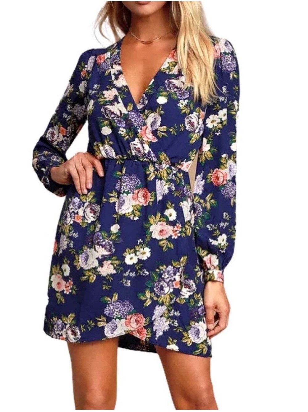 Lulus Navy Floral Wrap Dress Womens Size Small Romantic Chic Modern Boho